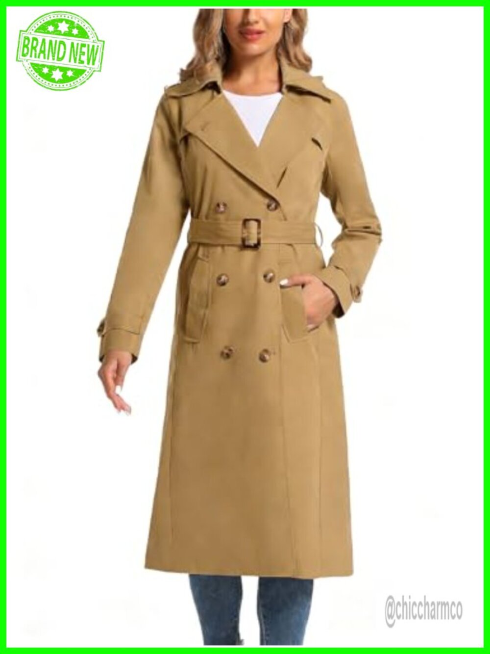 Waterproof Long Trench Coat Double Breasted Belted Removable Hood